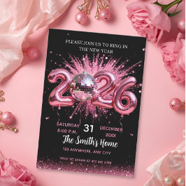 Chic 2026 Silvesterparty Pink Glitter Schwarz Einladung