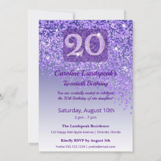 Chic 20. Geburtstag Lila Glitter Einladung
