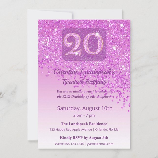 Chic 20. Geburtstag Pink Glitzer Einladung (Vorderseite)