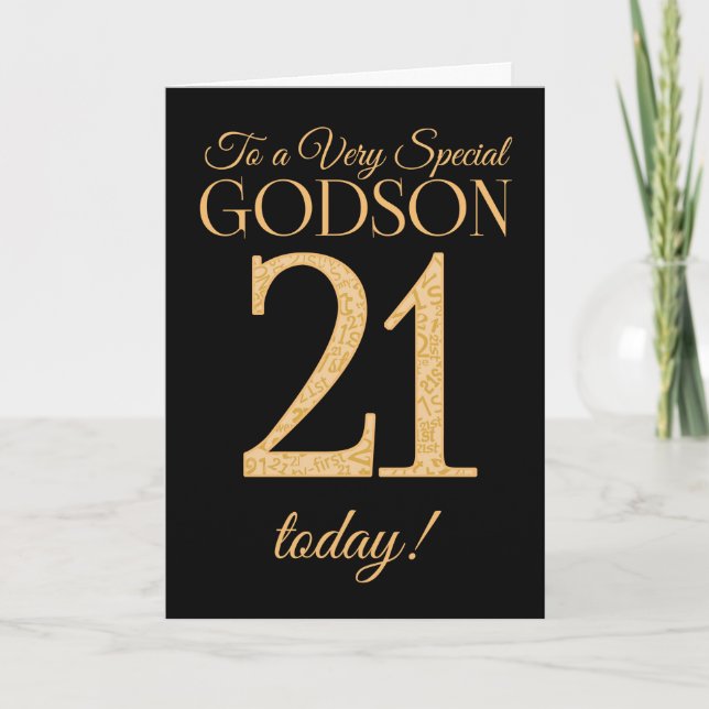 Chic 21. Gold-Effekt auf Black, Godson Birthday Karte (Vorderseite)