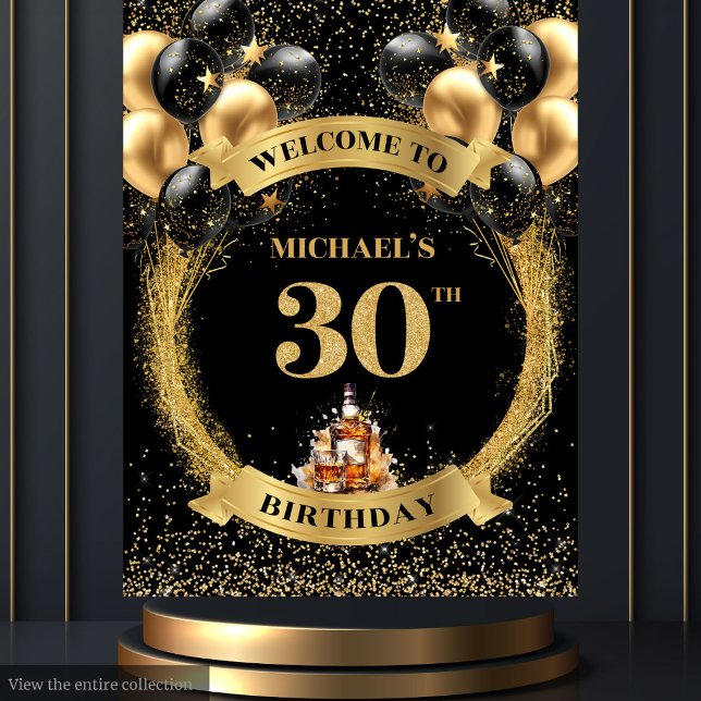 Chic 30. Man Birthday Whiskey Foto Party Banner Wandteppich (Chic 30th Man Birthday Whiskey Photo Party Banner)
