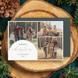 Chic 3 Foto Collage Arch Frohe Weihnachtsfeier Fot Feiertagskarte<br><div class="desc">Machen Sie Erinnerungen unvergesslich mit unserer Urlaubskarte. Eine wunderschöne 3-Foto-Collage mit einem Bogenüberlagerungsstück auf dem links, in Imitaten mit Goldfolien-Schrift "Frohe Weihnachten" verziert. Personalisieren Sie es mit Ihrem Familiennamen und Jahr in einem eleganten, minimalistischen Schriftart. Dreh es auf, um einen reichen grünen Hintergrund mit Imitaten goldenen Polka-Punkte aus Goldfolie zu...</div>