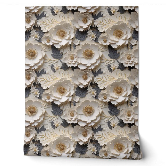 Chic 3d Blume in Weiß und Gold Blüten Tapete (Abrollen)
