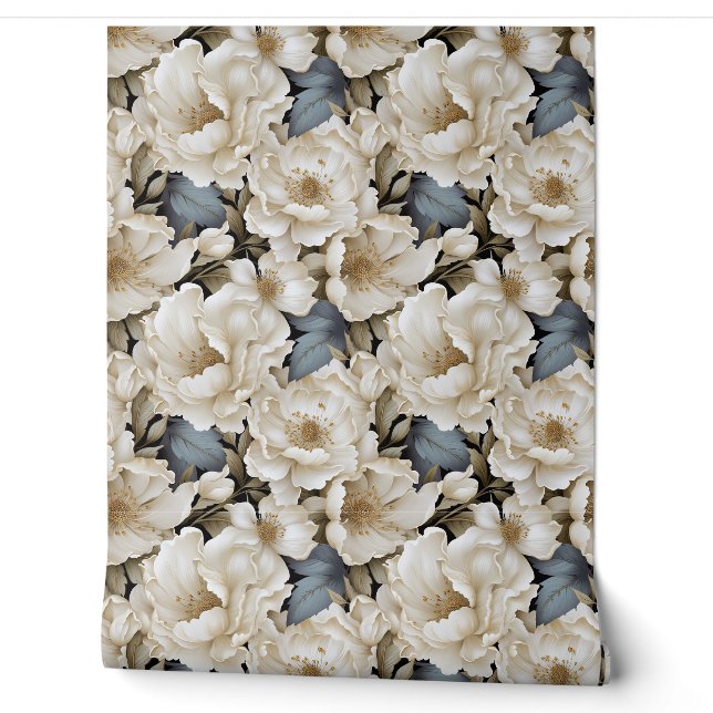 Chic 3d Weißgold und Salbei Blume Frühling Blüte Tapete (Abrollen)