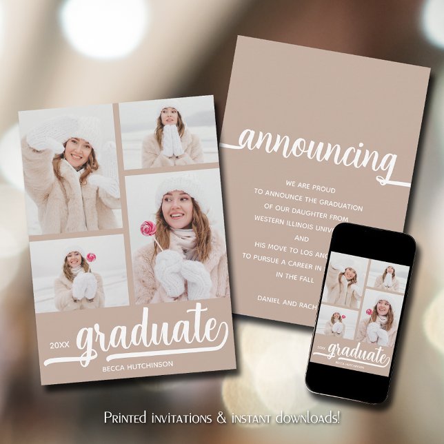 Chic 4 Foto Abschluss Ankündigung (Chic 4 photo taupe-beige graduation announcements)