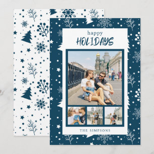 Chic 4 Foto Collage Blue Happy Holidays Card Feiertagskarte