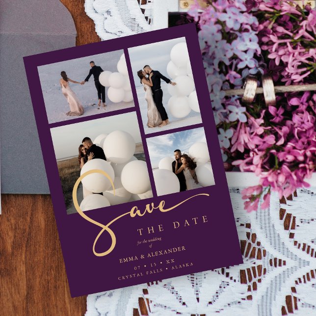 Chic 4 Multi Photos Collage Wedding Purple & Gold  Save The Date (Chic 4 Multi Photos Collage Wedding Purple & Gold Save The Date Card.)