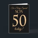 Chic 50th Gold-Effekt auf Black, für Son Birthday Karte<br><div class="desc">Eine schicke 50. Geburtstagskarte für einen 'Sehr Special Son',  mit einer Zahl 50,  die aus Goldene-Effekt-Zahlen und dem Wort 'Son' auf schwarzem Hintergrund besteht. Die innere Botschaft,  die Sie ändern können,  wenn Sie wollen,  ist "Happy Birthday"</div>