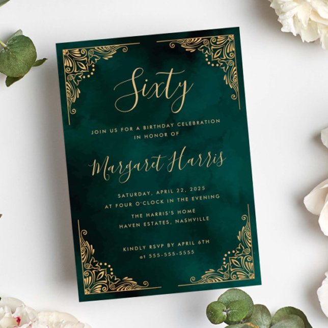Chic 60. 60 Gold Frame Green Geburtstag Einladung (Von Creator hochgeladen)