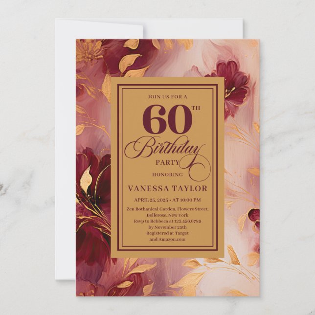 Chic 60th Birthday Marsala Blush Gold Boho Invite Einladung (Vorderseite)