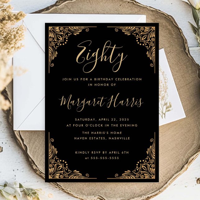 Chic 80. Achtzig Gold Frame Black Birthday Einladung (Von Creator hochgeladen)