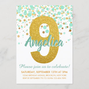 Chic 9. Geburtstag Mint Green Gold Glitzer Confett Einladung