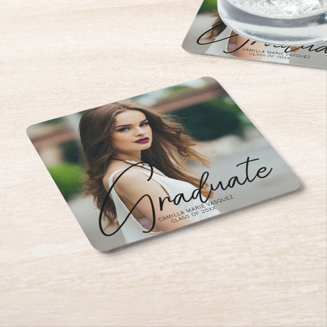 Chic Abschluss Foto Black Script Overlay Party Rechteckiger Pappuntersetzer (angewinkelt)