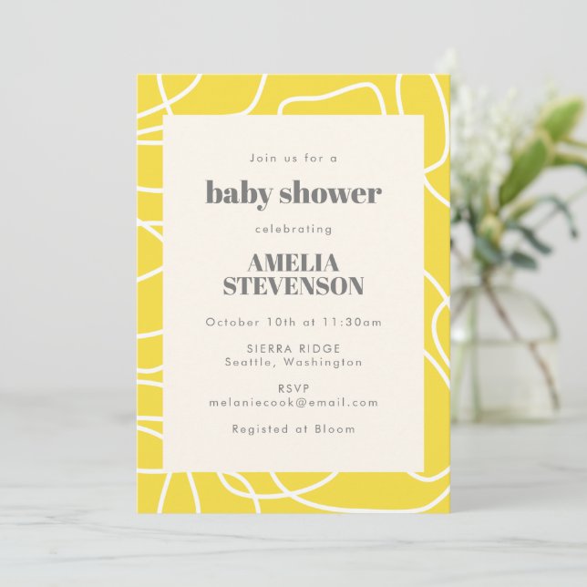 Chic Abstrakt Modern Line Art Yellow Baby Dusche Einladung (Stehend Vorderseite)