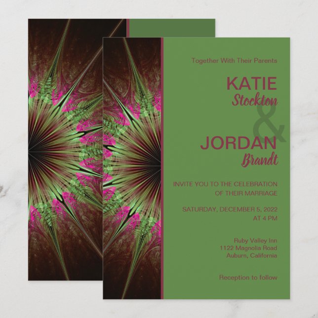 Chic Abstrakt Pink und Green Wedding Einladung (Vorne/Hinten)