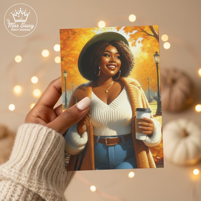 Chic African American Woman Erntedank | Fall Karte (Chic Black woman Thanksgiving card with cozy fall leaves, warm vibes, and thankful wishes)