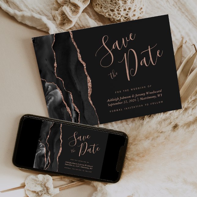 Chic Agate Black Rose Gold Dark Save the Date Card Einladung (Von Creator hochgeladen)
