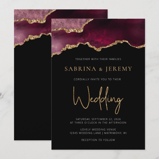 Chic Agate Geode Bourgogne Gold Faire-part de mari (Devant / Derrière)