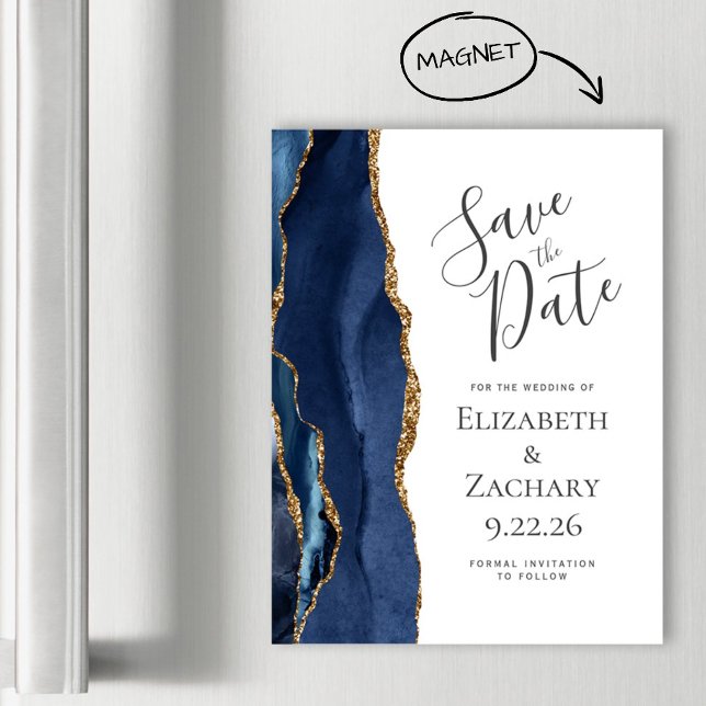 Chic Agate Navy Blue Gold Magnetic Save the Date Magnetkarte (Von Creator hochgeladen)
