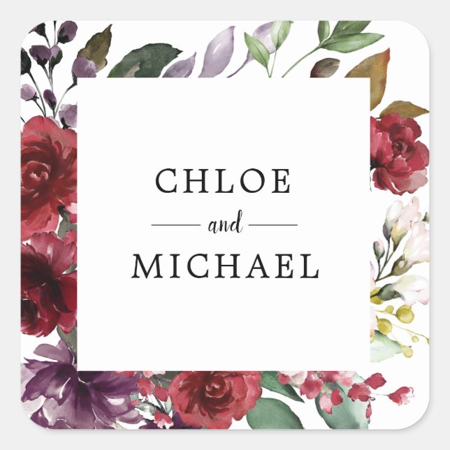 Chic and Elegante Custom Red Floral Wedding Quadratischer Aufkleber (Vorderseite)
