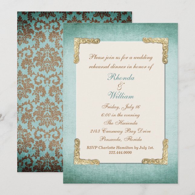 Chic Antique Aqua & Gold Hochzeit Probe Dinner Einladung (Vorne/Hinten)