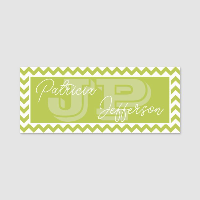 Chic Apple Green Zickzack Pattern: Elegantes Monog Namensschild (Vorderseite)