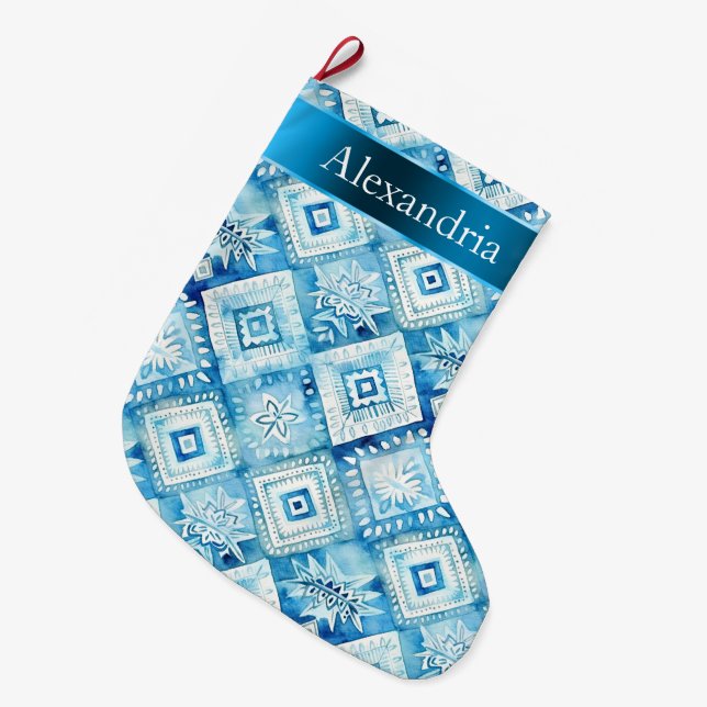 Chic Aqua Blue Batik Floral Weihnachtsname Großer Weihnachtsstrumpf (Vorderansicht (hängend))