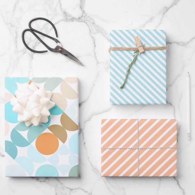 Chic Aqua Blue Coral Orange Circles Art Pattern Geschenkpapier Set (Vorderseite)