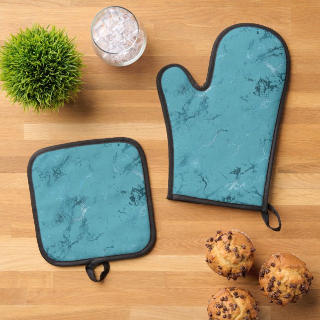 Chic Aqua Blue Marble Wedding Ofenhandschuh & Topflappen-Set (Oben Unten)