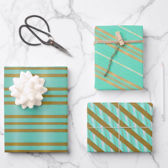 Chic Aqua Blue und Gold gestreift Geschenkpapier Set (Vorderseite)