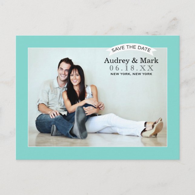 Chic Aqua Blue Wedding Foto Save the Date Ankündigungspostkarte (Vorderseite)