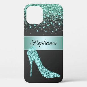 Chic Aqua Glitzer Diamond High Heel Shoe Name Case-Mate iPhone Hülle