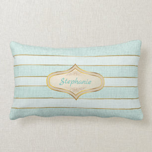Chic Aqua Linen Look mit goldgelben Streifen Lendenkissen