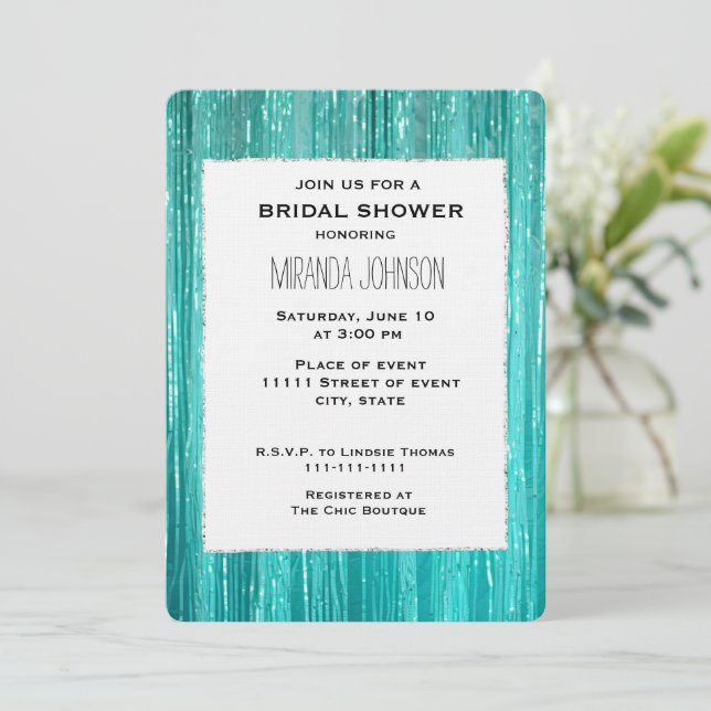 Chic Aqua Mint Tinsel Stripes Brautparty Einladung (Stehend Vorderseite)