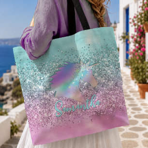 Chic Aqua Pink Einhorn Glitter Glam Monogramm Tasche