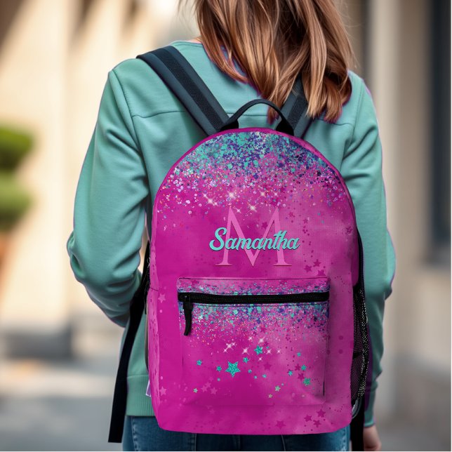 Chic aqua pink iridescent Glitzer Monogramm Bedruckter Rucksack (Von Creator hochgeladen)