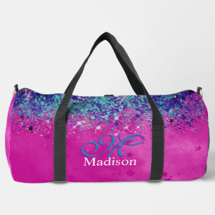 Chic aqua pink iridescent Glitzer Monogramm gedruc Duffle Bag