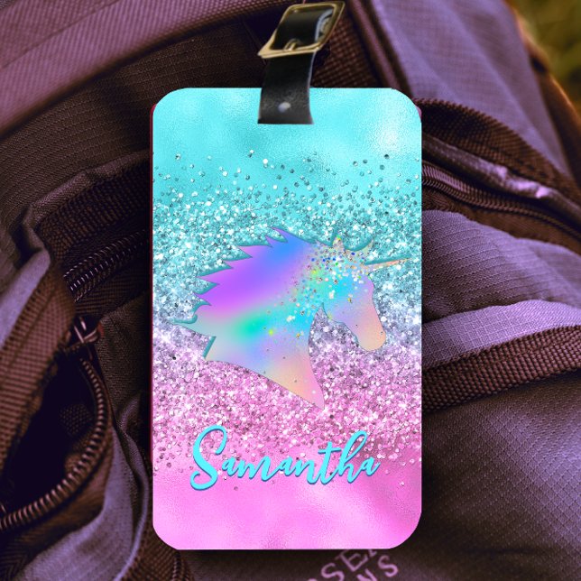 Chic Aqua Pink Unicorn Glitzer Glasmonogramm Gepäckanhänger (Von Creator hochgeladen)