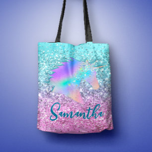 Chic Aqua Pink Unicorn Glitzer Glasmonogramm Tasche