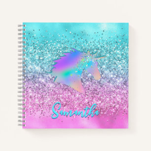 Chic Aqua Rosa Einhorn Glitter Glam Monogramm Notizbuch