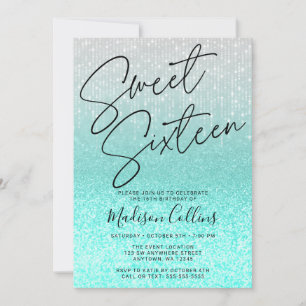 Chic Aqua Silver Glitzer Sweet 16 Einladung