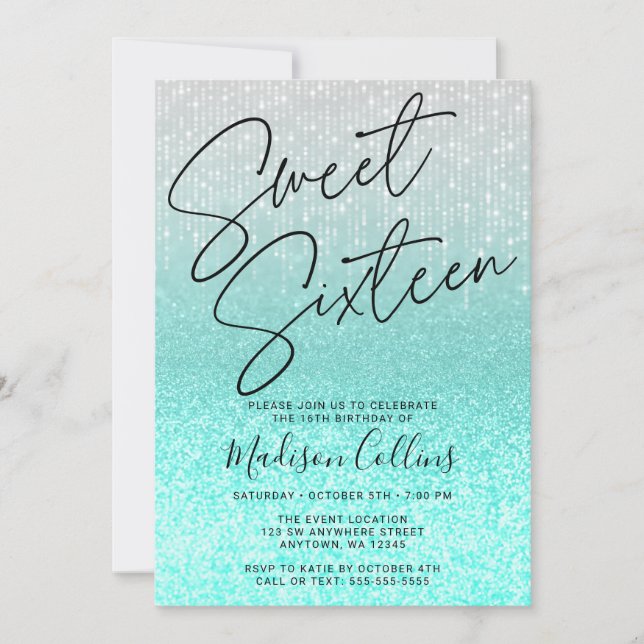Chic Aqua Silver Glitzer Sweet 16 Einladung (Vorderseite)
