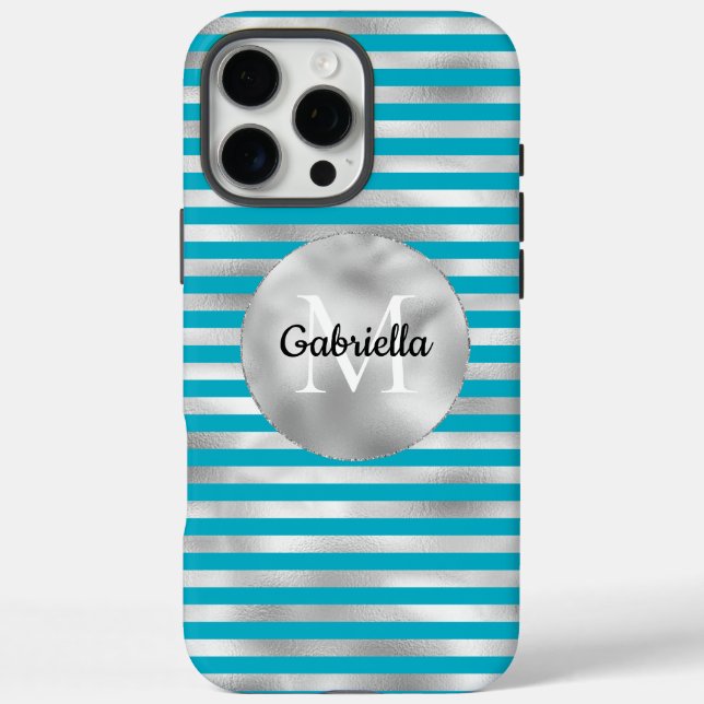 Chic Aqua Silver Stripes Monogramm iPhone 16 Pro Max Hülle (Rückseite)