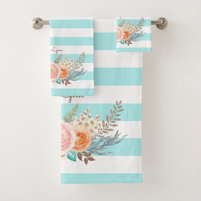 Chic Aqua Stripes Feminine Flora Name Badhandtuch Set (Insitu)