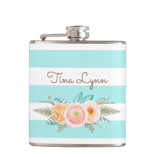 Chic Aqua Stripes Feminine Flora Name Flachmann