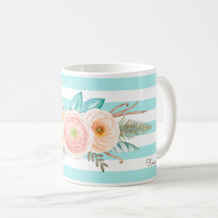 Chic Aqua Stripes Feminine Flora Name Kaffeetasse