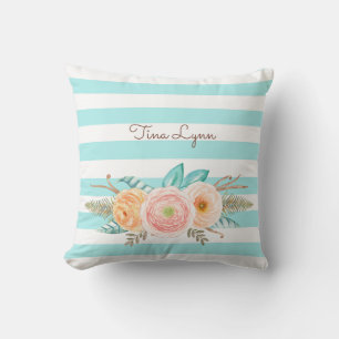 Chic Aqua Stripes Feminine Flora Name Kissen