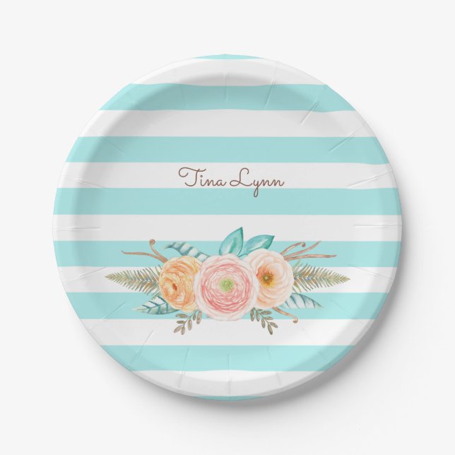 Chic Aqua Stripes Feminine Flora Name Pappteller (Vorderseite)