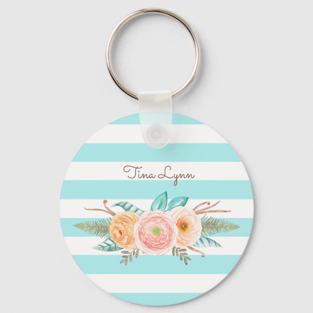 Chic Aqua Stripes Feminine Flora Name Schlüsselanhänger (Vorderseite)