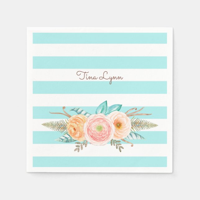 Chic Aqua Stripes Feminine Flora Name Serviette (Vorderseite)